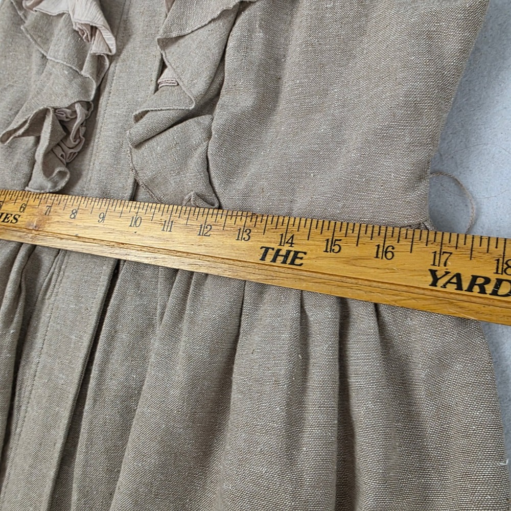 RYU Dress Large Beige Linen Cotton Ruffle Pleated Hem Sash Boho Cottagecore - Picture 9 of 11
